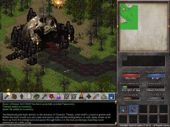 A screenshot from Eschalon Book III showing a massive cave in the shape of a skull in the forest. Skeletons are strewn around the forest floor.