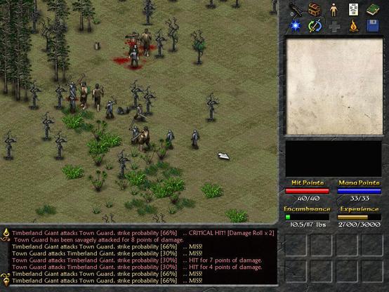 A screenshot from Eschalon Book I showing a deadly battle in a forest. Many knights lay slain on the battlefield. It is shown in a pre-rendered isometric view.