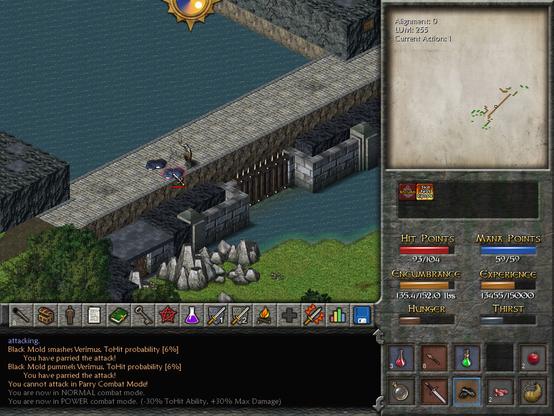 A screenshot from Eschalon Book II showing a small city with a dam holding water back. A knight slashes with a sword at two creeping oozes. It is shown in a pre-rendered isometric view.