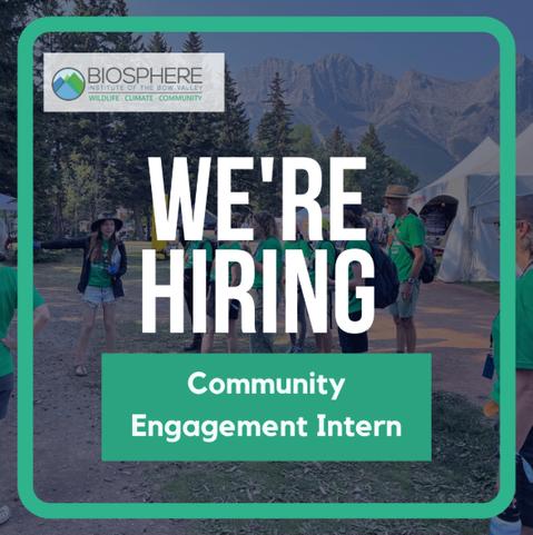 biosphere institute logo against nature background, content reads "We're hiring - community engagement intern"