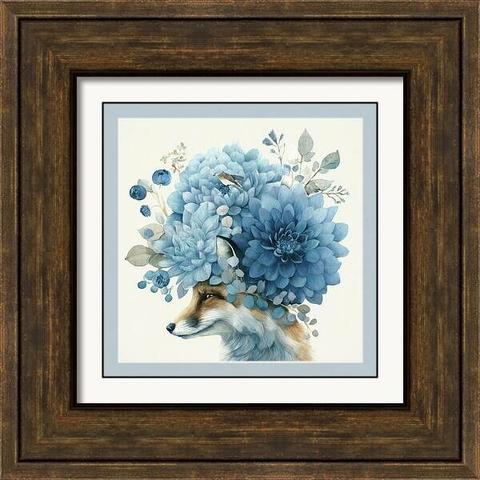 An art print displayed in a frame of a fox with a large floral arrangement on it's head. In the flowers is a small bird. Art by Lisa S Baker.