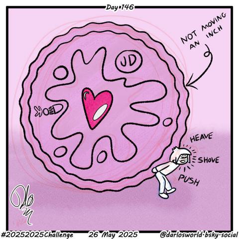 Drawing of Darlo trying to push a gigantic Jammie Dodger biscuit, but it's not moving an inch.