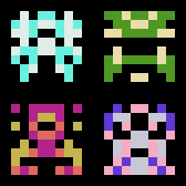 a 2x2 grid of multicolored 8x8 pixel aliens a la space invaders