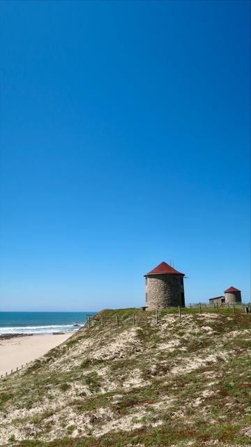 A beach with mills overlooking the ocean. Blue skies.