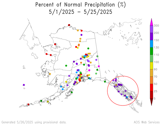 Map centered on Alaska with colored dots showing the percent of normal (1991-2020 baseline) precipitation May 1-25, 2025.