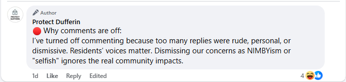 Comment from Protect Dufferin:

🔴 Why comments are off:
I’ve turned off commenting because too many replies were rude, personal, or dismissive. Residents’ voices matter. Dismissing our concerns as NIMBYism or "selfish" ignores the real community impacts.