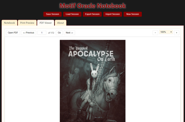 Screenshot of the Motif Oracle Notebook showing the PDF Viewer tab with a PDF open to the cover of the TTRPG "The Happiest Apocalypse On Earth".