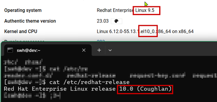 A screenshot showing that webmin displays REHL 9.5, but Kernel el10.0 and a command line with /etc/redhat-release confirming 10.0