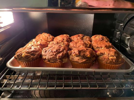 a really mediocre picture of some really delicious banana chocolate chip muffins in the oven