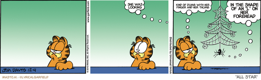 Original Garfield comic from December 4, 2010
Text replaced with lyrics from: All Star

Transcript:
• She Was Looking
• Kind Of Dumb With Her Finger And Her Thumb
• In The Shape Of An ''L'' On Her Forehead


--------------
Original Text:
• Spider:  Ow.
• Garfield:  Impressive.
• Spider.  I think I sprained my spinner.