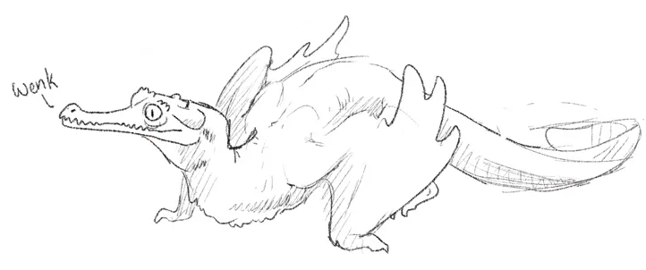 A (digital) pencil sketch of a baby dragon/wyvern named Dis Pater, with an eel-like tail and a long alligator-like snout.

It is making the sound “wenk”. 

Art by Kory Bing for her webcomic Skin Deep’s reader questions.