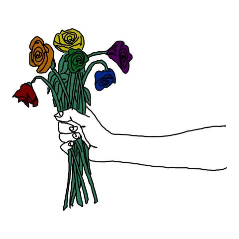 an illustration of an extended arm, holding a bouquet of wilted flowers, each slightly tinted off color versions of the seven colors of the rainbow