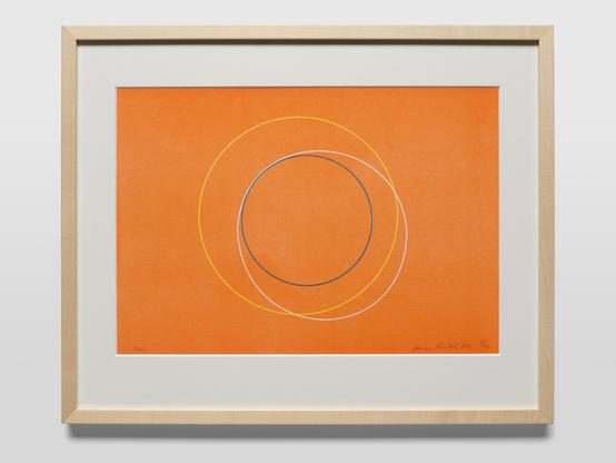 We see a print in a passe-partout framed in a light-coloured wooden frame. The print is an orange-coloured surface on which three circles are depicted. One circle is white, one is blue and the third is yellow. The blue circle lies inside the white circle and touches its line at one point, the white circle lies mostly inside the yellow circle and crosses its line at two points. The blue line describes the orbit of the Earth, the yellow one that of Mars. The white line shows the trajectory of a Tesla, which was launched into space by Elon Musk as a PR stunt in 2018. The work was realized by the German conceptual artist Swaantje Güntzel and produced by the design studio Herr und Frau Rio in Munich as a risography print.