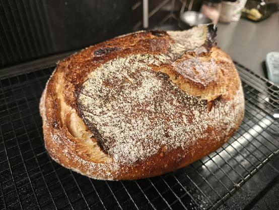 Hot loaf of bread on a cooling rack. Brown crust scored in the shape of the letter 's'  is dusted with flour.