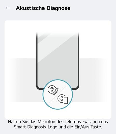 Screenshot of the German version of the LG ThinQ app which allows to analyze the sound; symbols of the "Smart Diagnosis" feature