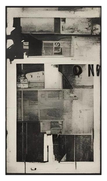 Monochrome, vertically oriented art piece with a thick black frame. The composition is a high-contrast arrangement of geometric and organic forms. Sections resembling interior spaces are superimposed, and fragmented. Surface textures are varied, ranging from smooth whites to rough grays and blacks. Implied horizontal and vertical lines create a grid structure, while shadowy regions add depth and ambiguity. The use of grayscale and textured surfaces creates a sense of age and decay. Text "NO" is featured on the right-hand side.