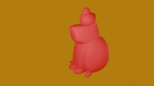 3D render that reproduces a woodcarved piece of a capybara having a duck on the top of its head