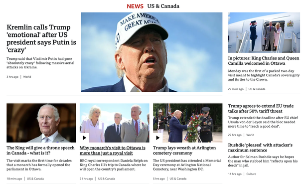 On the US & Canada section, we see the same dominant headline, but also 2 more headlines about Canada and the King.