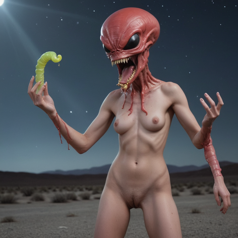A womans body 3 hands angry alien head and a gummy worm in hand