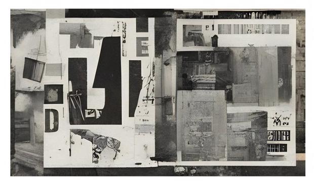 Grayscale collage composed of layered images featuring architectural elements and letterforms. The left side is dominated by large, fractured letters in contrasting white and black, creating strong geometric shapes. The right side contains photo-realistic renderings of buildings, textures, and structural fragments. The image uses high contrast and detailed textures throughout, with a visual emphasis on the interplay between types and architecture. The composition is dense and fragmented.