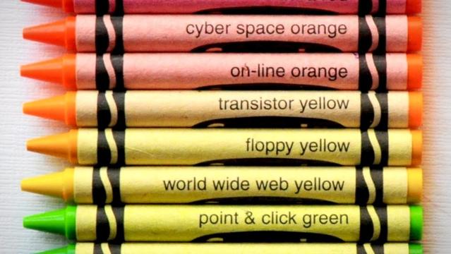 Crayola's 1997 Techno Brite crayon set with color names created to market the Crayola website, including names featured here such as World Wide Web Yellow, Point and Click Green, and Cyber Space Orange