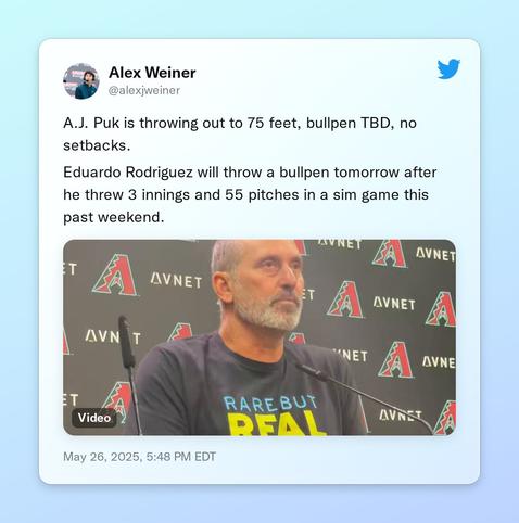 A.J. Puk is throwing out to 75 feet, bullpen TBD, no setbacks.

Eduardo Rodriguez will throw a bullpen tomorrow after he threw 3 innings and 55 pitches in a sim game this past weekend. https://t.co/qkgLRlqH3r