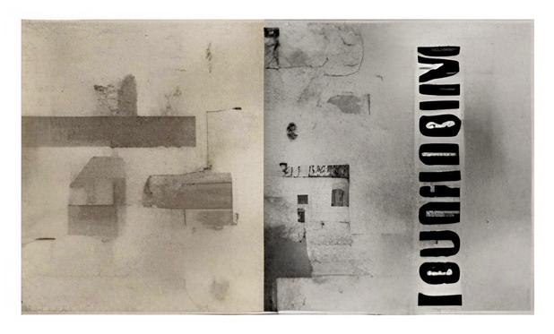 A monochromatic, abstract composition with a weathered, textured appearance reminiscent of a photocopied draft. On the left half of the image, geometric blocks and shaded planes loosely resemble the side profile of a compact utility truck with a covered cargo area. The forms are minimal, constructed from overlapping rectangles and smudged areas.

The right half of the image is vertically bisected and contains fragmented, ghostly textures. Small square cutouts and faint linear forms suggest windows or doors, evoking a sense of spatial depth or ruined buildings.

Prominently, there is vertically-oriented black text on the far right, rendered in a heavy, stencil-like typeface. The letters appear distorted, possibly mirrored or reversed, spelling something like “[0UnfI0BIIV]” although partially obscured.