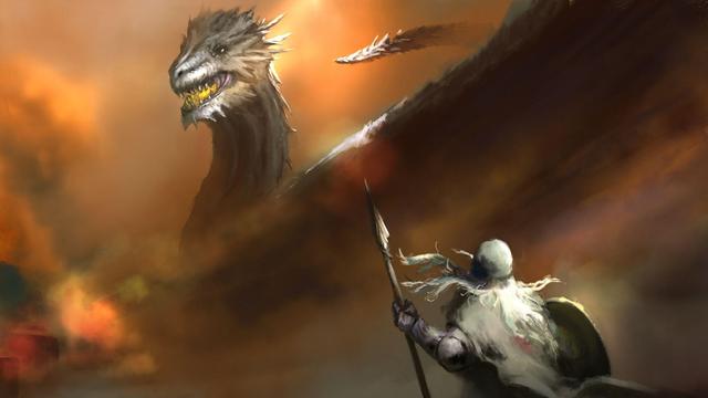 A warrior girl prepares to fight a dragon, she is dressed in armor, she has a shield and a spear in her hands, her lighted hair flutters in the wind. Art by Kalleeck