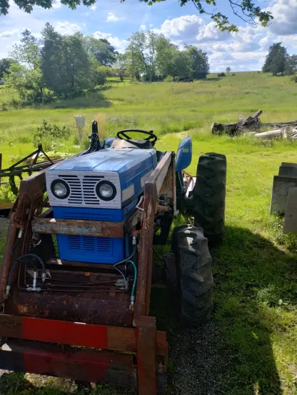 small blue tractor with forks in field. various objects strewn about. trees and blue sky with clouds in distance. leaves at top of frame