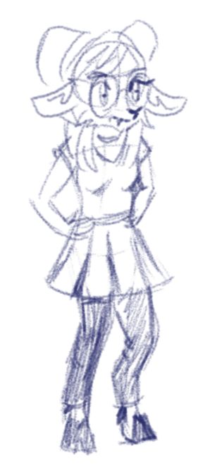 Full-body doodle of an anthro goat in slight chibi style. She is standing with her hands on her waist, looking determined. Her outfit consists of a short, light dress with a belt, dark leggings, and a choker. Her long horns curl around her horizontal ears, and she is wearing round glasses. She notably has cloven hooves on her feet.