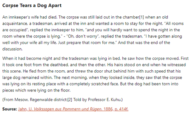 German folk tale "Corpse Tears a Dog Apart". Drop me a line if you want a machine-readable transcript!