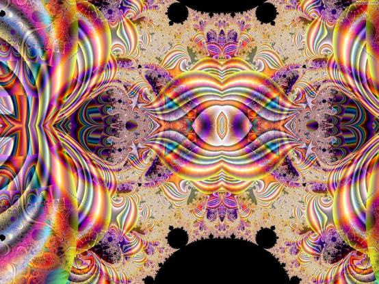 Symmetrical waves of striped color with mandelbrot shapes and patterning