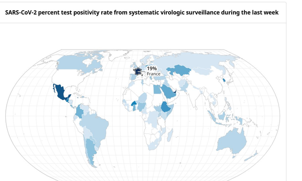 France currently has the highest COVID-19 positivity rate globally at 19%, according to the WHO COVID-19 dashboard.