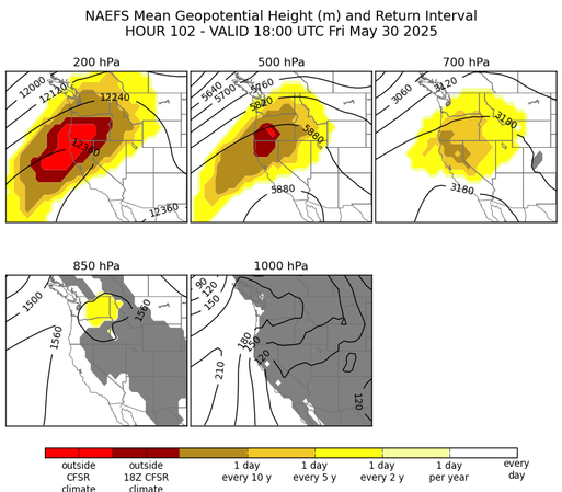 Maps depicting the relative anomalousness of ensemble-predicted 500mb GPH over the western U.S. on Friday. Record-strength upper-level ridging (bright red areas) are depicted, highlighting the strength of the ridge.