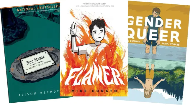 Covers for three of four graphic novels found in Edmonton and Calgary schools that dealt with adults "discovering their sexual identity." The four graphic novels have become a casus belli for the Alberta government to begin banning books in public school libraries.