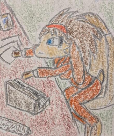 Color pencil drawing of Lop Norausa from Star Wars Visions. She is in a dark orange suit at her principal's desk. She nervously awaits her students' test results, but she has a photo of Eli nearby to help calm her down.