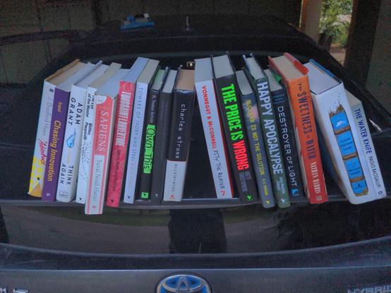 18 hard and softback recent edition books arranged on trunk of gray prius like a library shelf:
Adventurist
Chasing Innovation
Adam Grant
The Eye of the Master
Sapiens
Toussaint Louverture
illegible
Own This
illegible
Accelerando
Pitty the Reader
The Price is Wrong
illegible
Happy Appocalypse
Destroyer of Light
Sweetness of Water
illegible
Water Knife