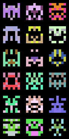 a 3x6 grid of multicolored 7x7 pixel aliens a la space invaders
