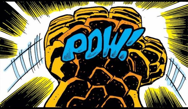 The fist of The Thing extends upward and the sound effect, “POW!“ rests on the back of his hand.