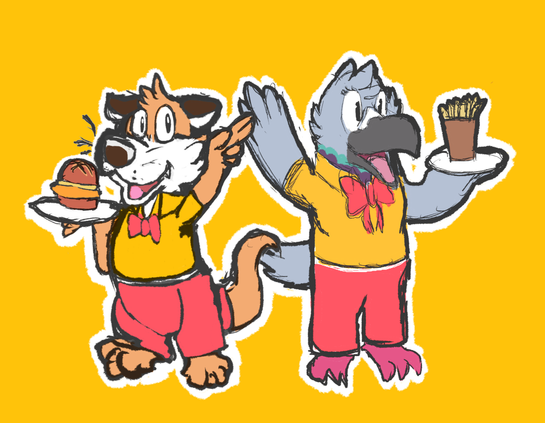 An otter named Yogurt and a pigeon named Ginger are dressed in uniforms and holding plates with food. They both wear yellow shirts with red bowties and red pants. To the left of the otter is a sandwich. To the right of the pigeon are fries. The lineart is sketchy but colored in. Both characters have a white outline against a yellow background.
