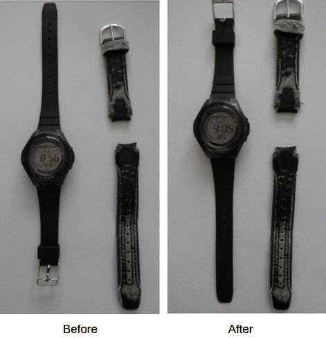 "Before" and "After" photographs showing the results of replacing a thoroughly worn-out watch strap with a new one.
The "Before" photograph on the left shows a digital wristwatch fitted with the replacement strap with the buckle below the LCD display alongside the worn-out strap.
The "After" photograph to the right of the "Before" photograph shows the watch fitted with the replacement strap buckle above the LCD display.