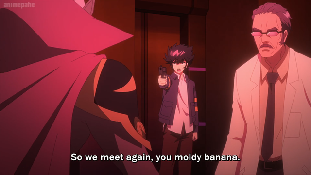 Kouji pointing a gun at someone and saying, "So we meet again, you moldy banana."