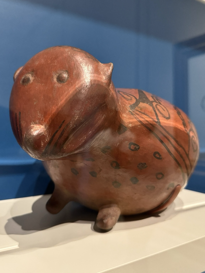 photo of the Paca effigy vessel on display at museum, front/side profile Redware ceramic with black geometric painted designs on body