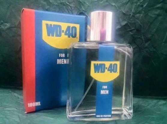 Cologne bottle and box, labeled WD-40 for Men