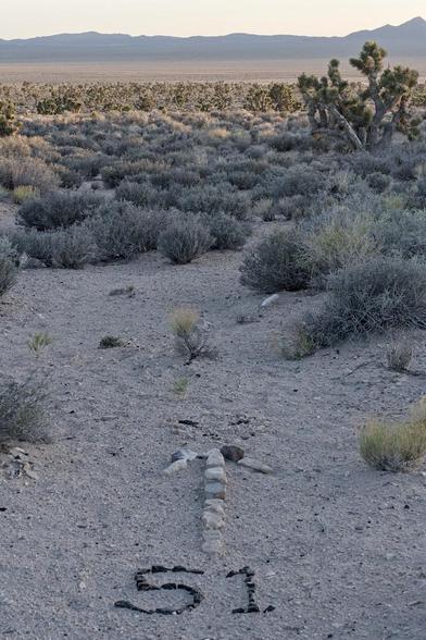 A color portrait photo showing a desert landscape of gray sand and gravel, short dry shrubs, and large twisted plants with clumps of green spike like leafs. I the far distance is a low range of mountains. At the bottom of the frame is an arrow made of light colored stones that points toward the distant range of hills. At the base of the arrow is the number "51" made of dark colored stones.