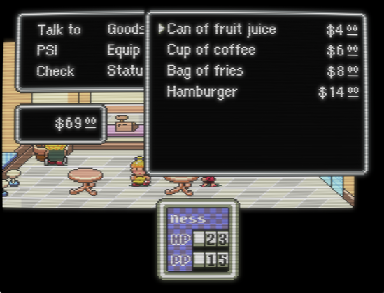 Screenshot of the 1995 Super Nintendo game EarthBound showing prices for in-game items:
• Can of fruit juice: $4
• Cup of coffee: $6
• Bag of fries: $8
• Hamburger: $14