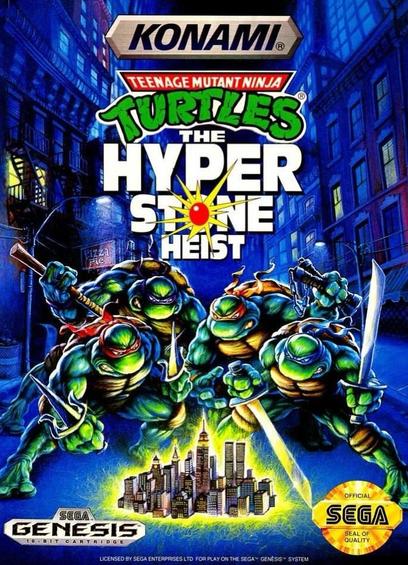 Konami's TMNT: The Hyper Stone Heist cover. Bluish background of the city and the four turtles crouched around a miniature version of the city glowing green and the logos, etc