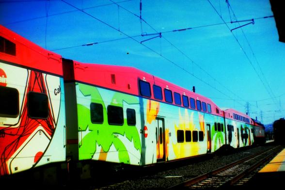 a train of Bombardier bi-levels painted with an agricultural theme since it runs out into the country
