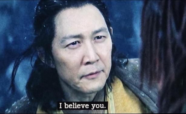 Lee Jung-Jae as Jedi Master Sol in The Acolyte. He's smiling with his eyes as he tells Osha, "I believe you."