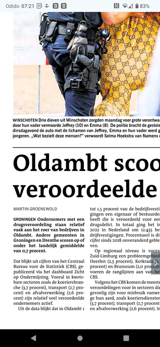 Screenshot van een artikel.

Eerste alinea:"Ondernemers met een drugsveroordeling staan relatief vaak aan het roer van bedrijven in Oldambt"